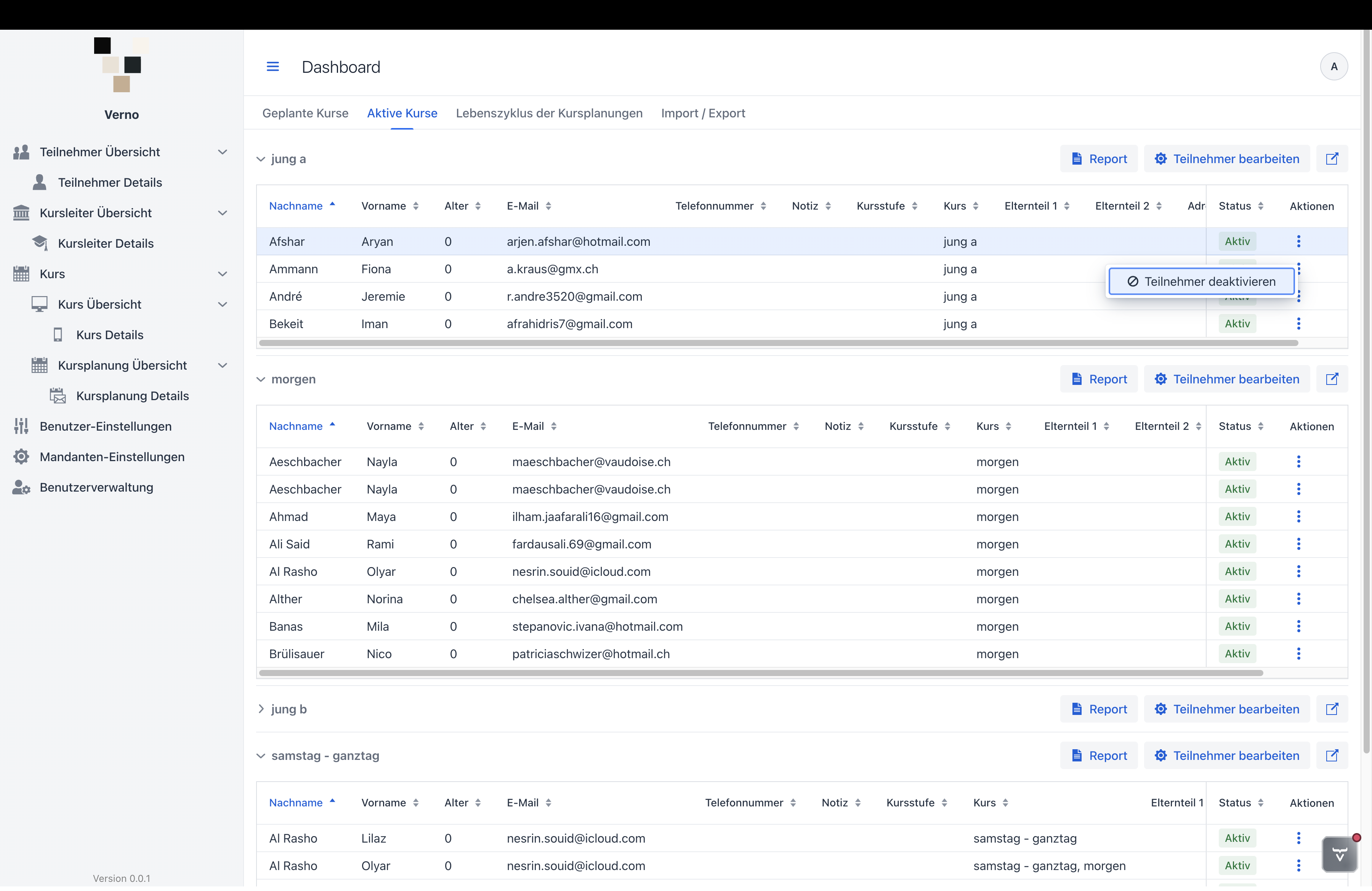 Dashboard mit Kursbereichen, Teilnehmertabellen und Schnellaktionen